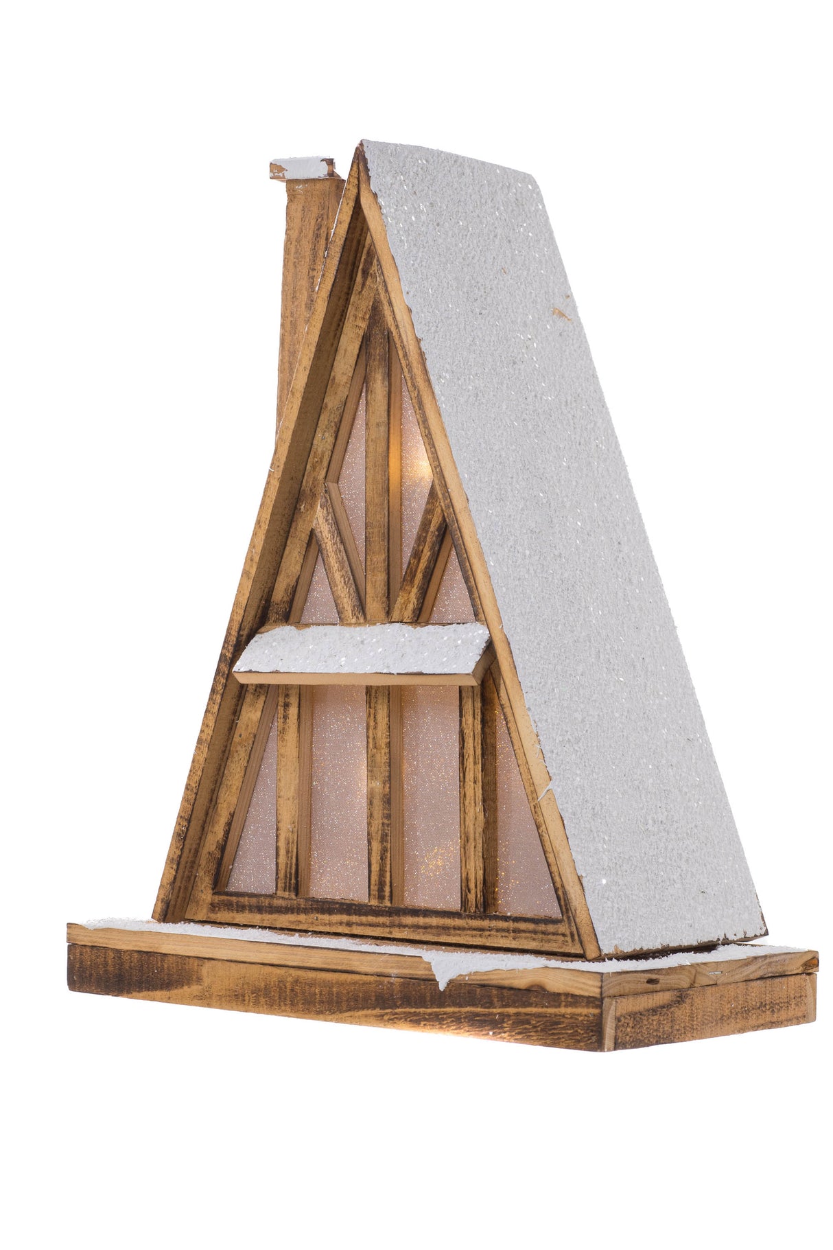 17"Triangular Smokey and White Wood House LED Display with Glittered Roof
