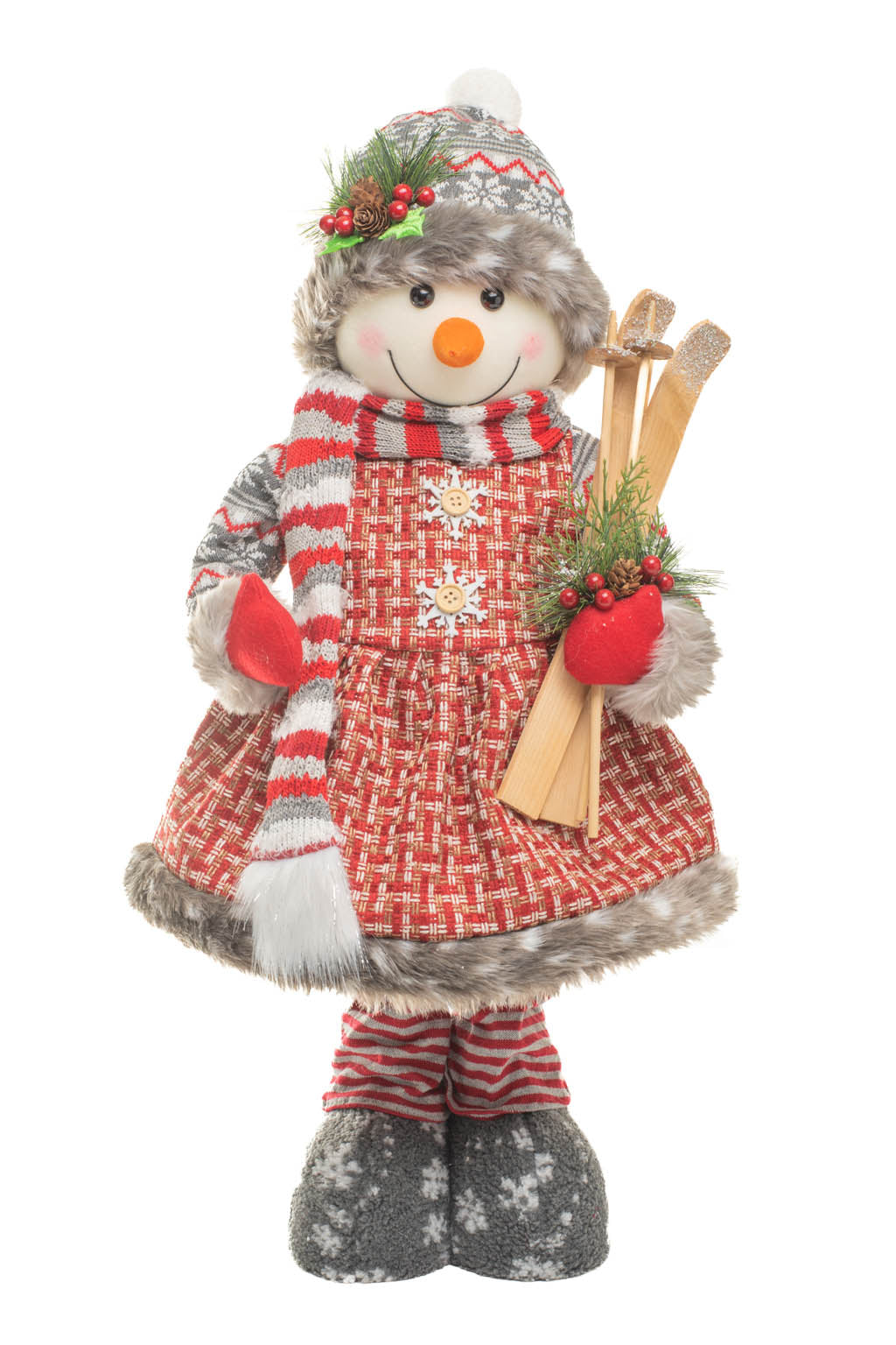 29" Tartan Red and White Stitched Fabric Cross-Stitch Snowman