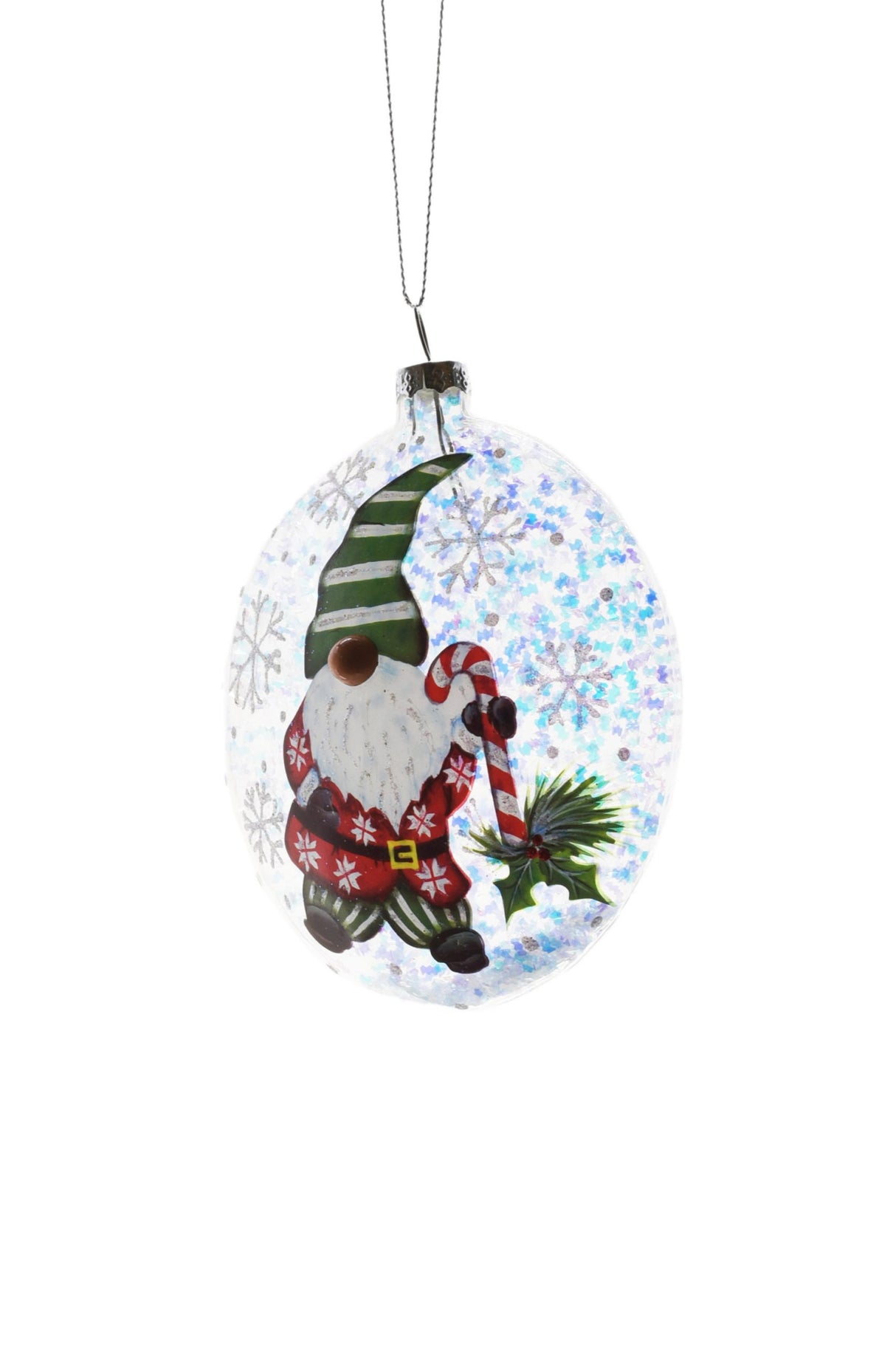 4"Flat Hanging Clear Glass Ball Ornament with Gnome and Christmas Tree