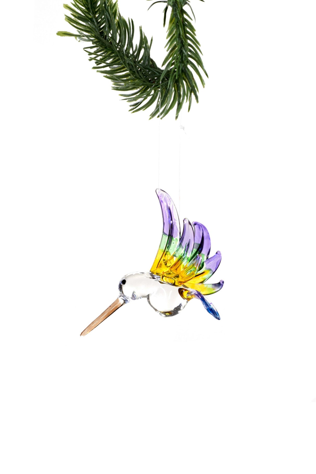 3" Hanging Purple and Yellow Glass Hummingbird Ornament