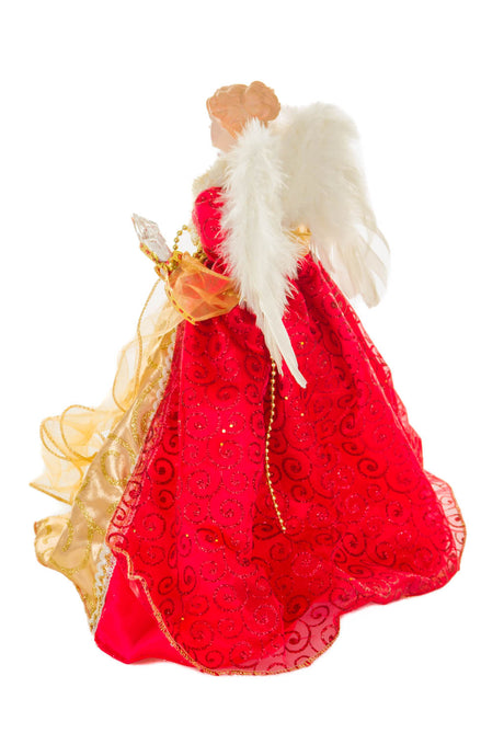 15"Red and Gold Polyester Elegant Warm White LED Angel Tree Topper with Glowing Stars