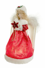 9" Red Cloth Small 10-Light Angel Tree Topper with Blonde Curly Hair