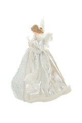 15" Sequin Silver and White Polyester Elegant Warm White LED Angel Tree Topper In Snowflake Dress