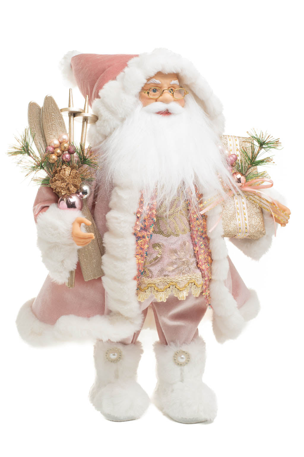 19" Pink and White Velour Santa Figurine with Gifts