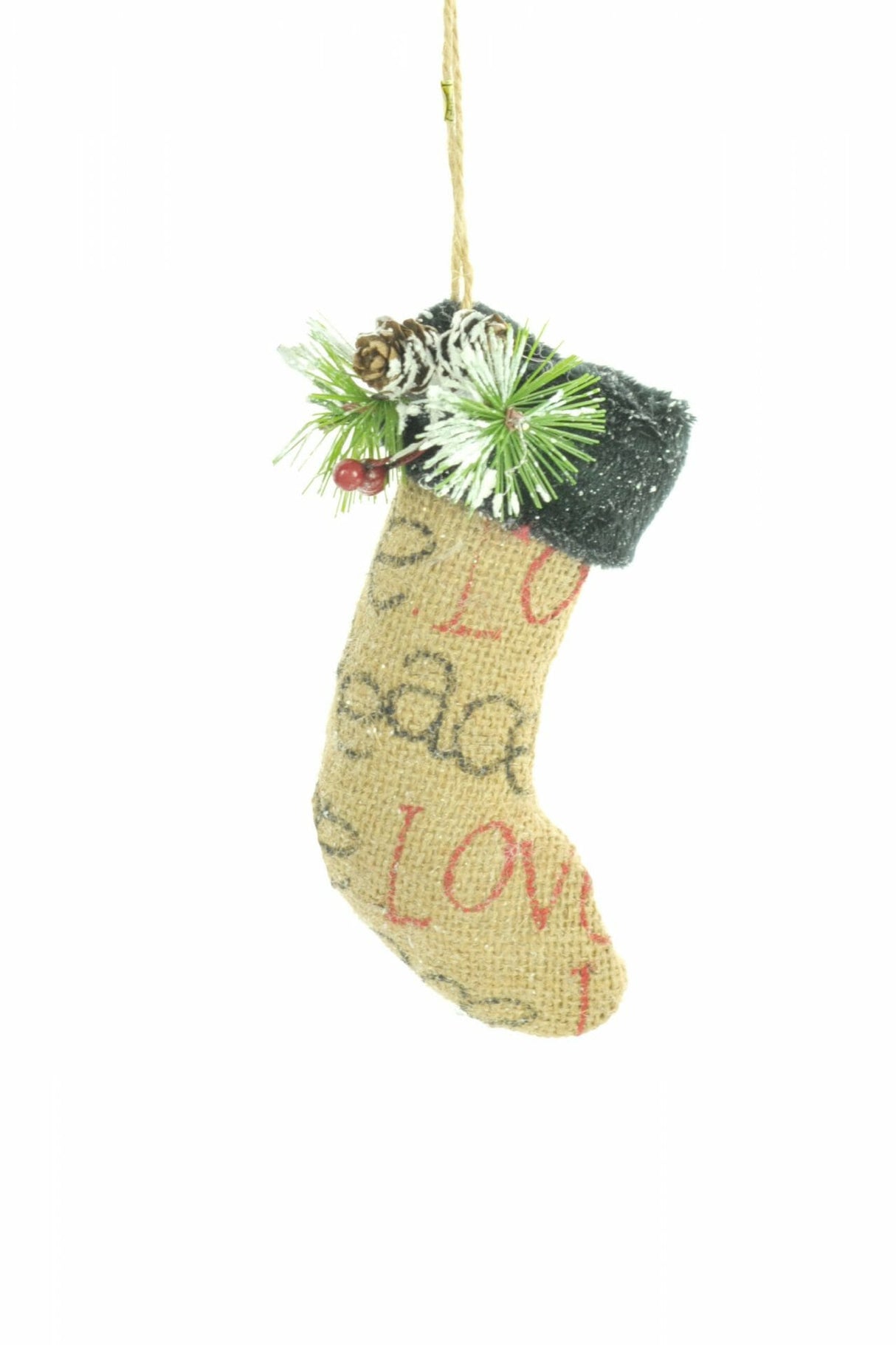 3" Hangable Cream Rattan Stocking Ornament with "Peace" & "Love"