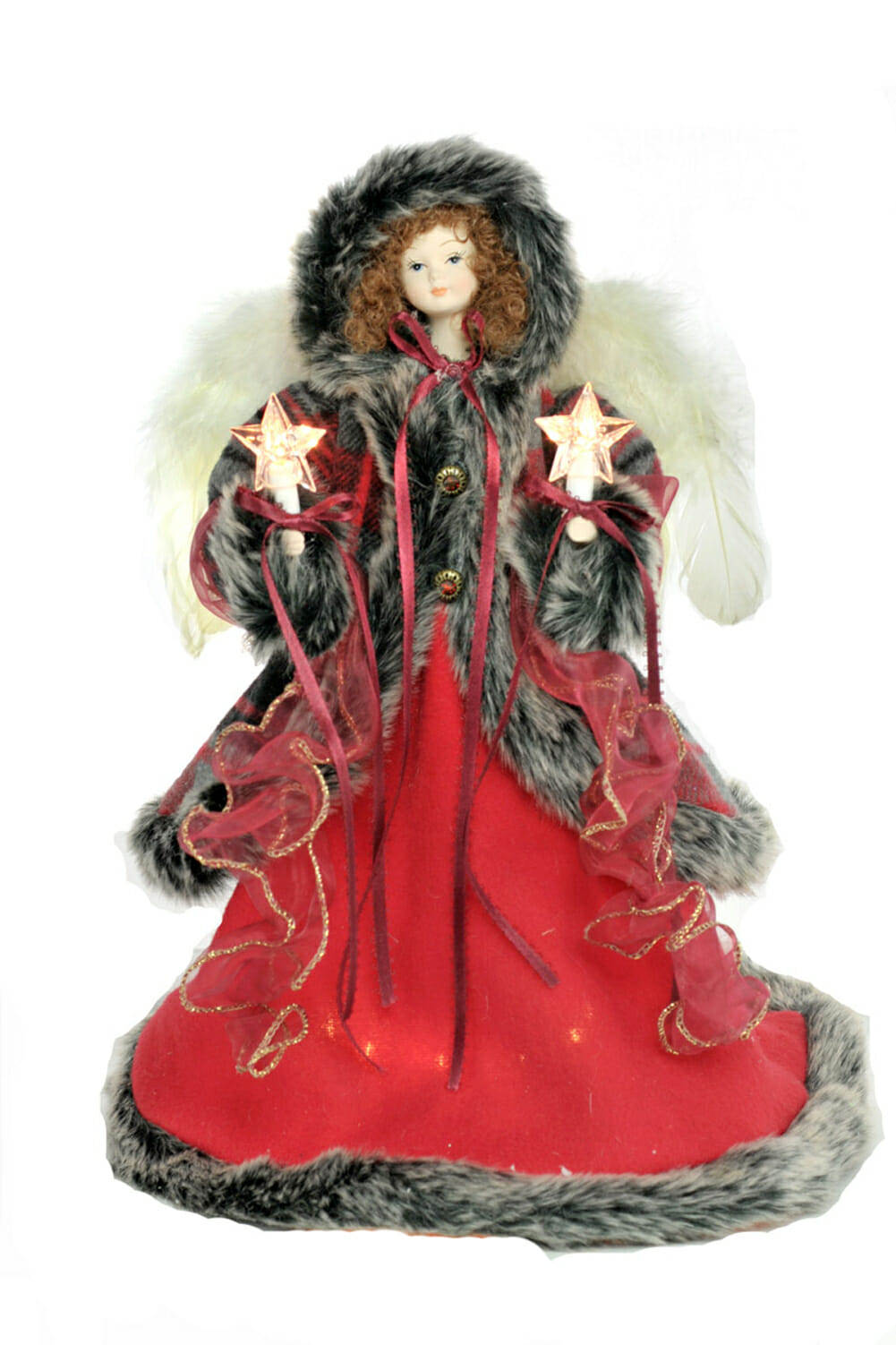 14" Red and Black Cloth Hooded 10-Light Angel Tree Topper with Brown Hair
