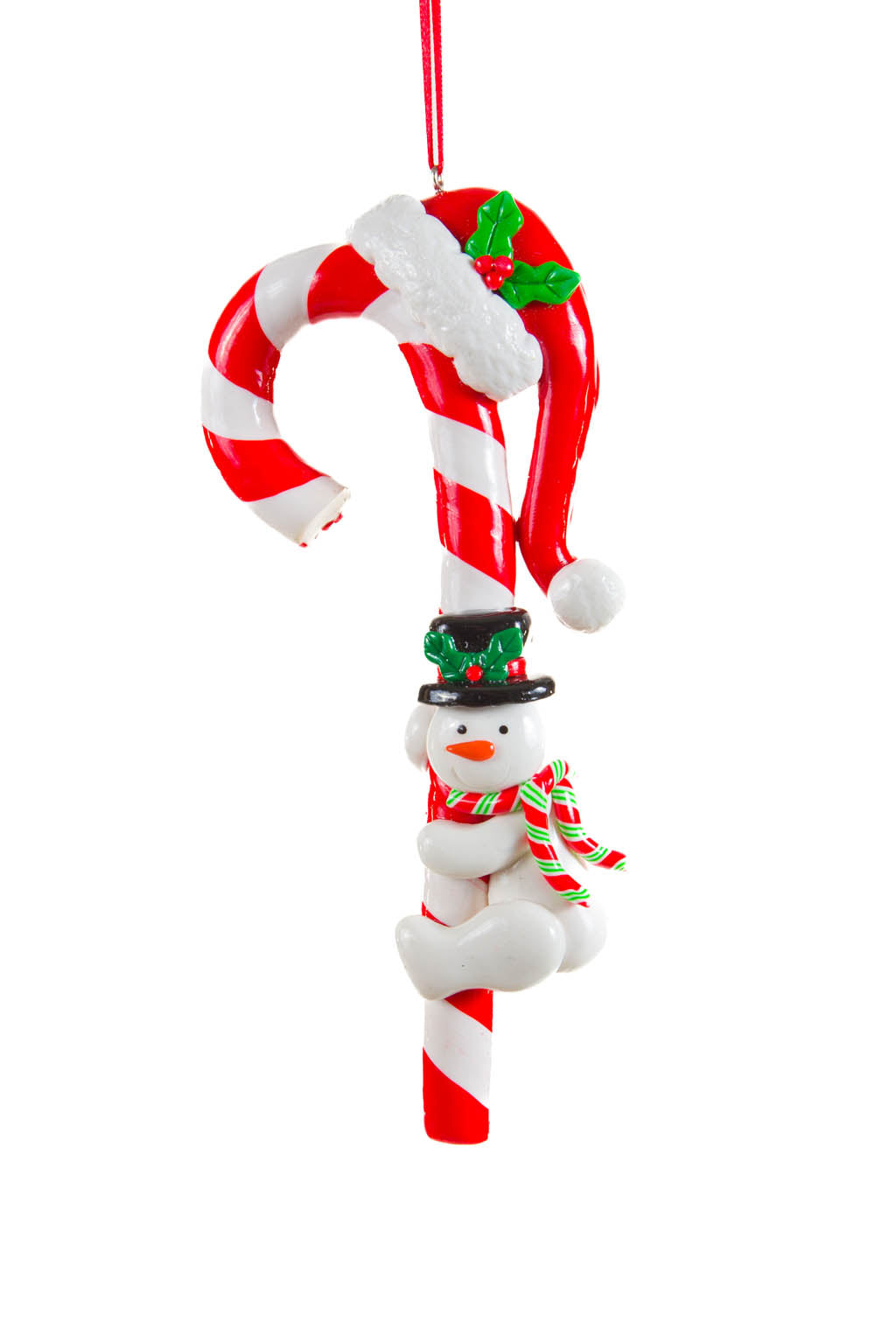 7" Hanging White and Red Clay Candycane Ornament with Snowman