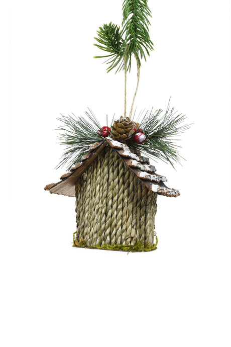 4.5" Hanging Taupe Straw Rustic Birdhouse Ornament with Cone-Thatched Roof