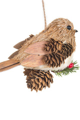 5.5" Hanging Tan Straw Pinecone Bird Ornament Sitting On Spray