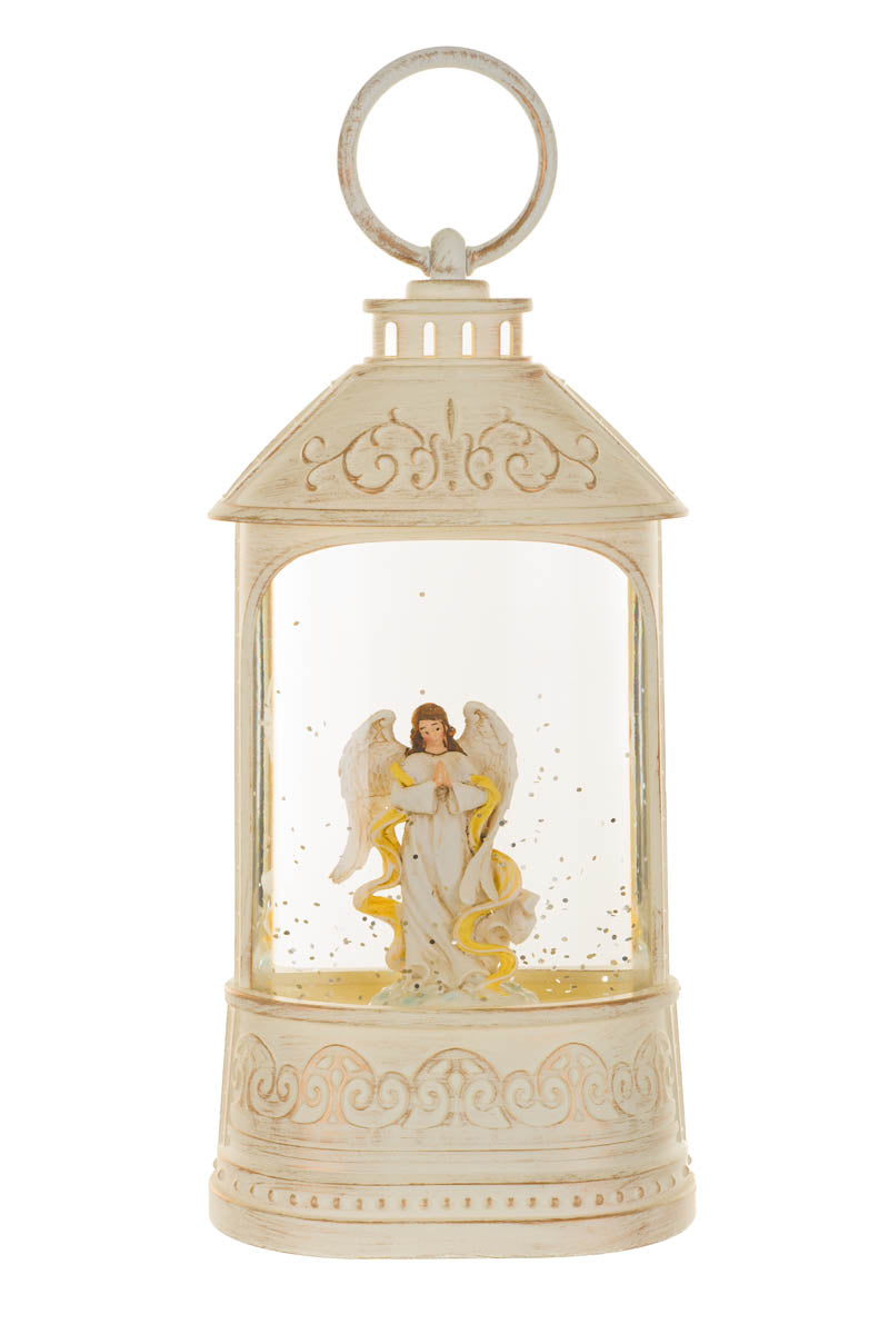 8.25" Musical White Plastic Lantern LED Snow Globe with Peaceful Angel and Swirling Glitter