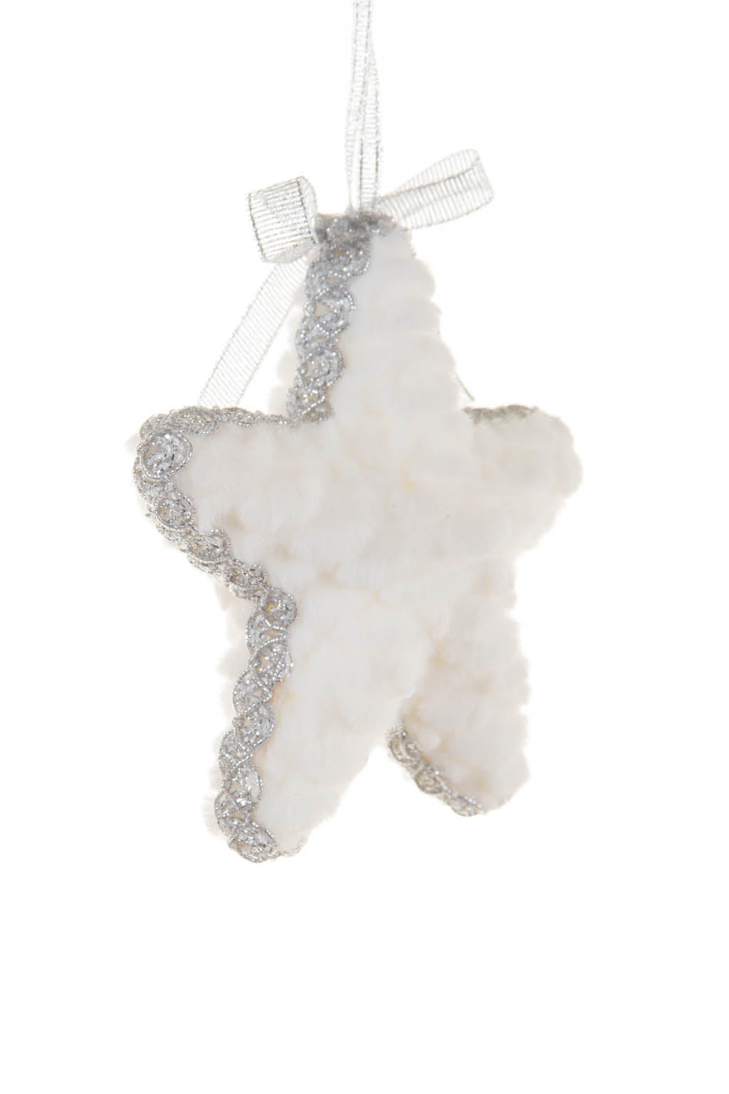 5" Hanging White and Silver Cloth Fuzzy Star Ornament with Sparkly Wrapping