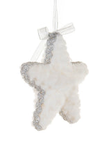 5" Hanging White and Silver Cloth Fuzzy Star Ornament with Sparkly Wrapping
