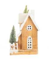 12" White and Light Brown Wood Snowy Cabin Warm White LED Display