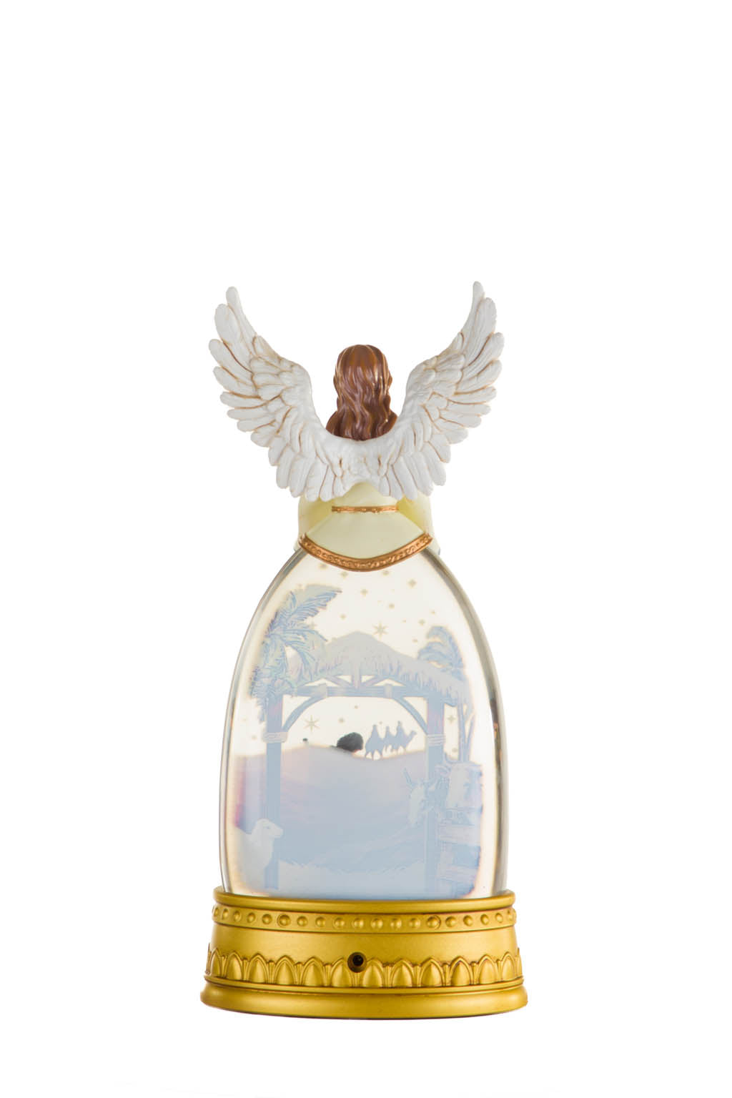 12.72" Gold and White Plastic Angel Warm White LED Snow Globe with Nativity