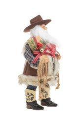 19" Plaid Brown and Blue Leather Wild West Santa Figurine