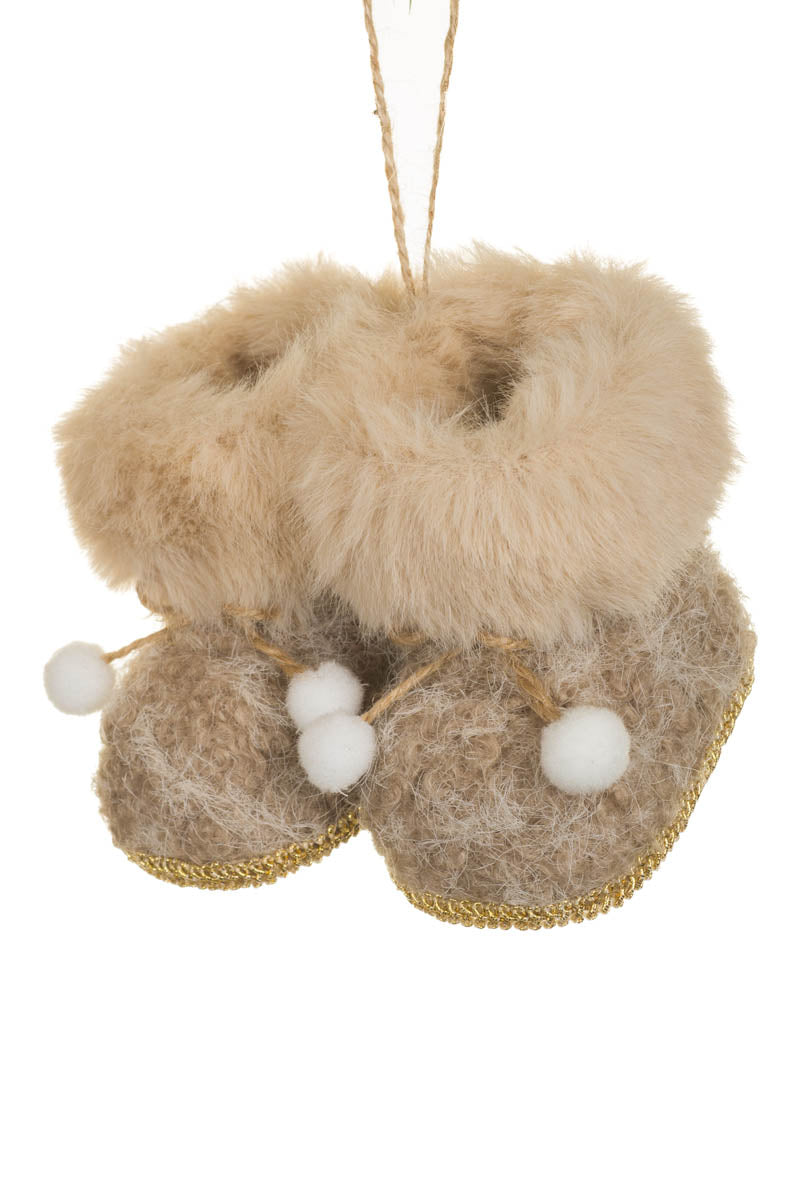 4" Hangable Brown Fabric Boots Ornament with Fur Trim