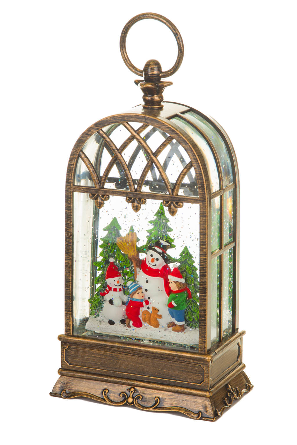 11" Brass Plastic Birdcage Warm White LED Snow Globe with Snowman and Swirling Glitter