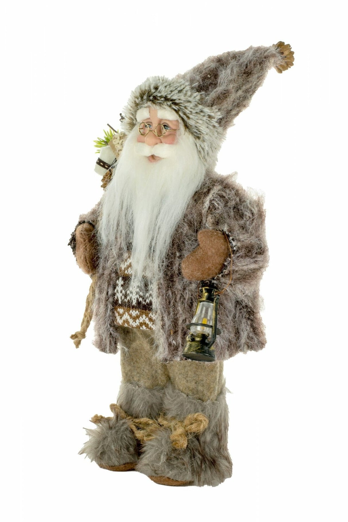 12" Brown Cloth Woodsy Santa Figurine with Lantern