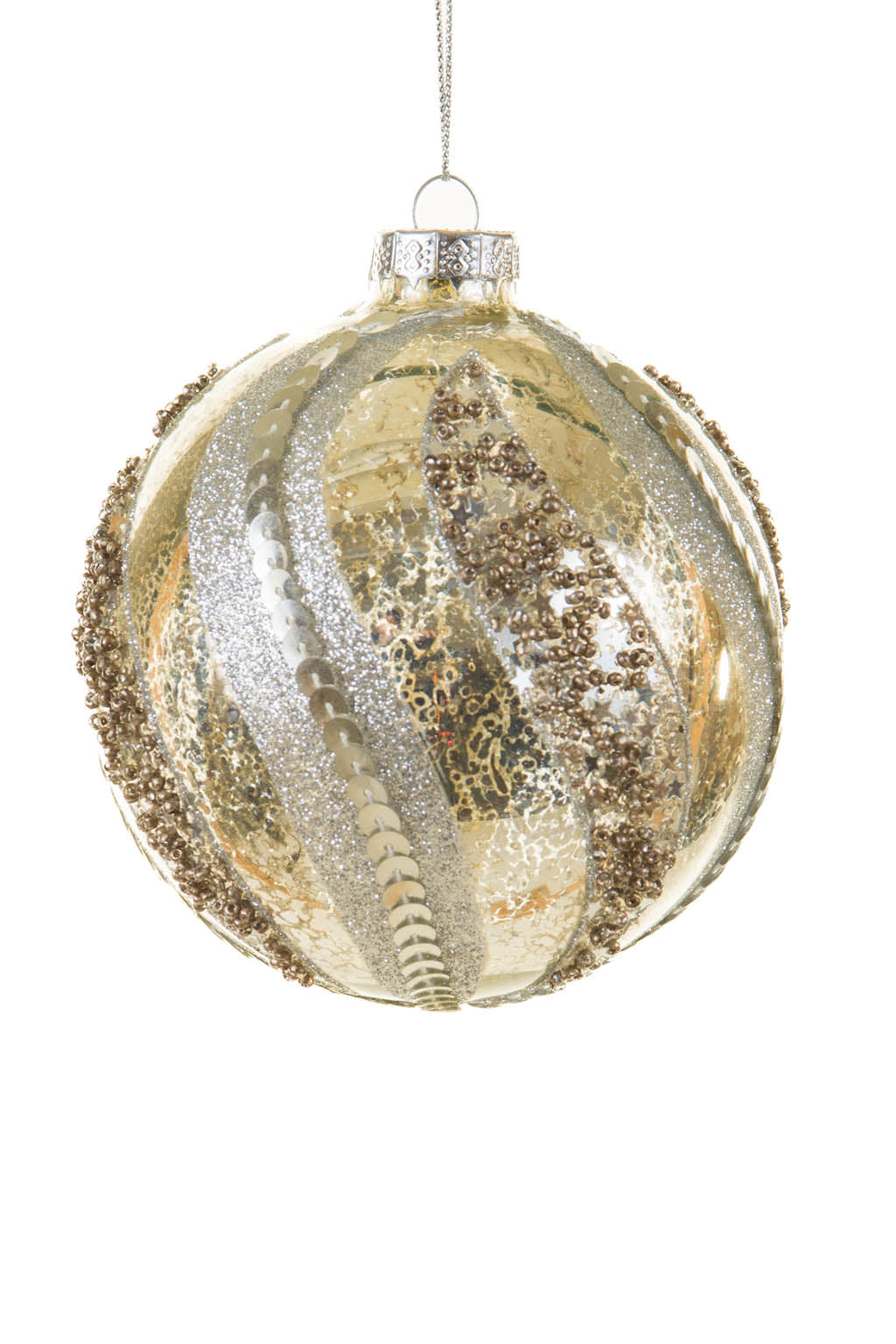 4" Hangable Metallic Gold and Silver Glass Wavy Ball Ornament