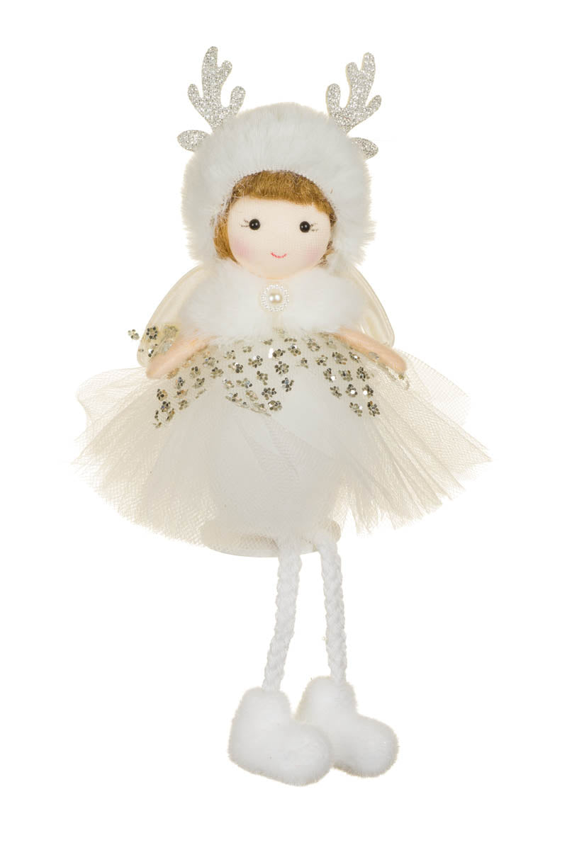 8" Hangable White Fabric Sitting Cherub Girl Doll with Reindeer Hat