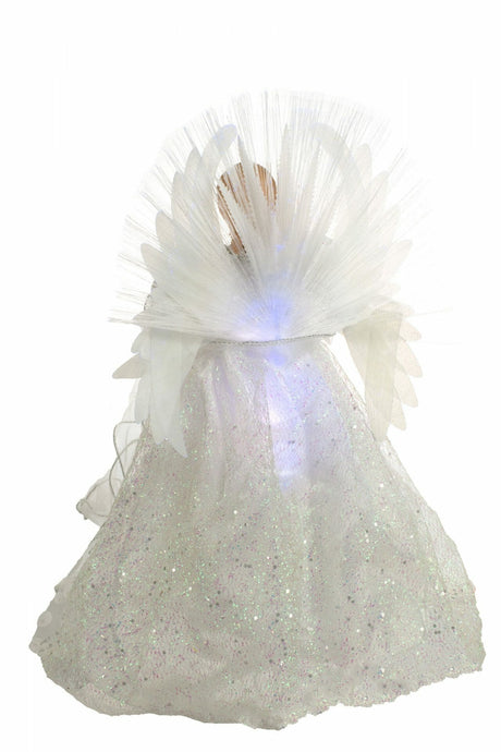18" White Cloth Modern Fiber Optic Angel Tree Topper with Spotted Dress