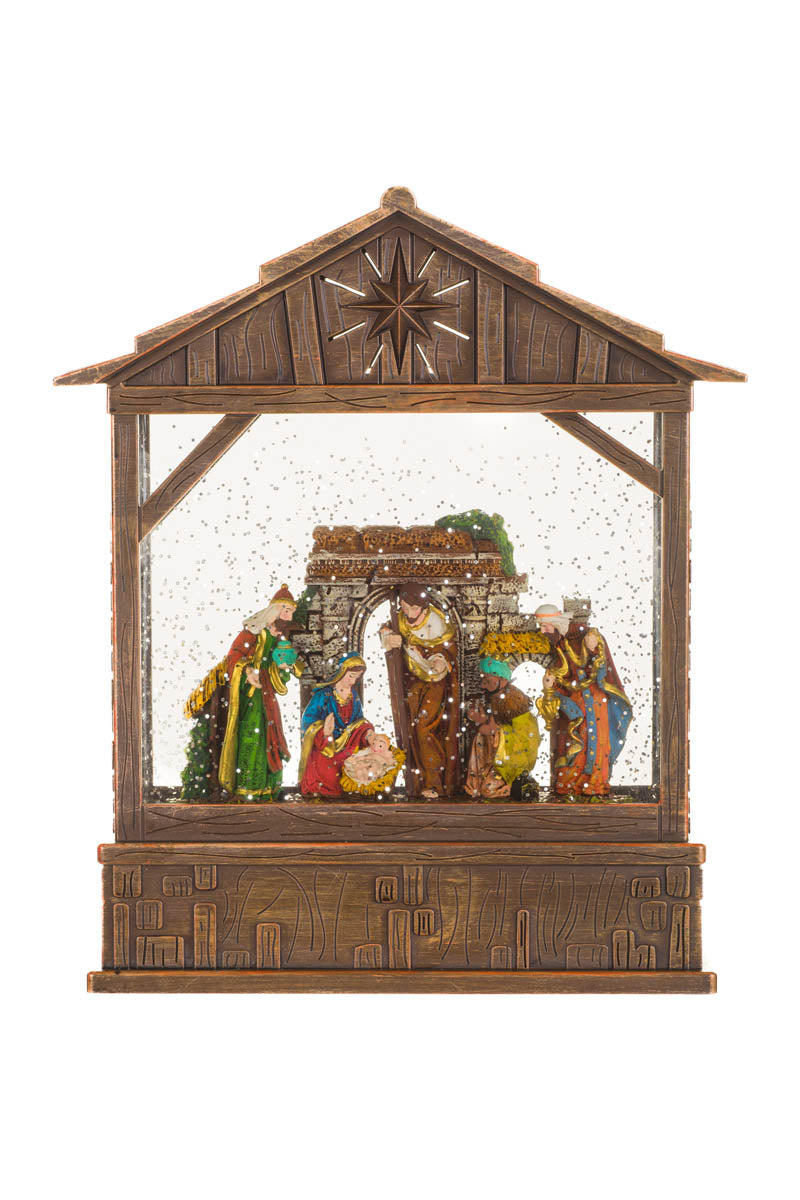 10" Musical Brown Plastic Nativity Warm White LED Snow Globe with Three Wise Men