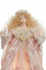9" Pink Linen Small 10-Light Angel Tree Topper with Blonde Curly Hair