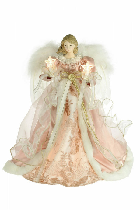 16" Pink and White Cloth Modern 10-Light Angel Tree Topper with Fluffy White Wings