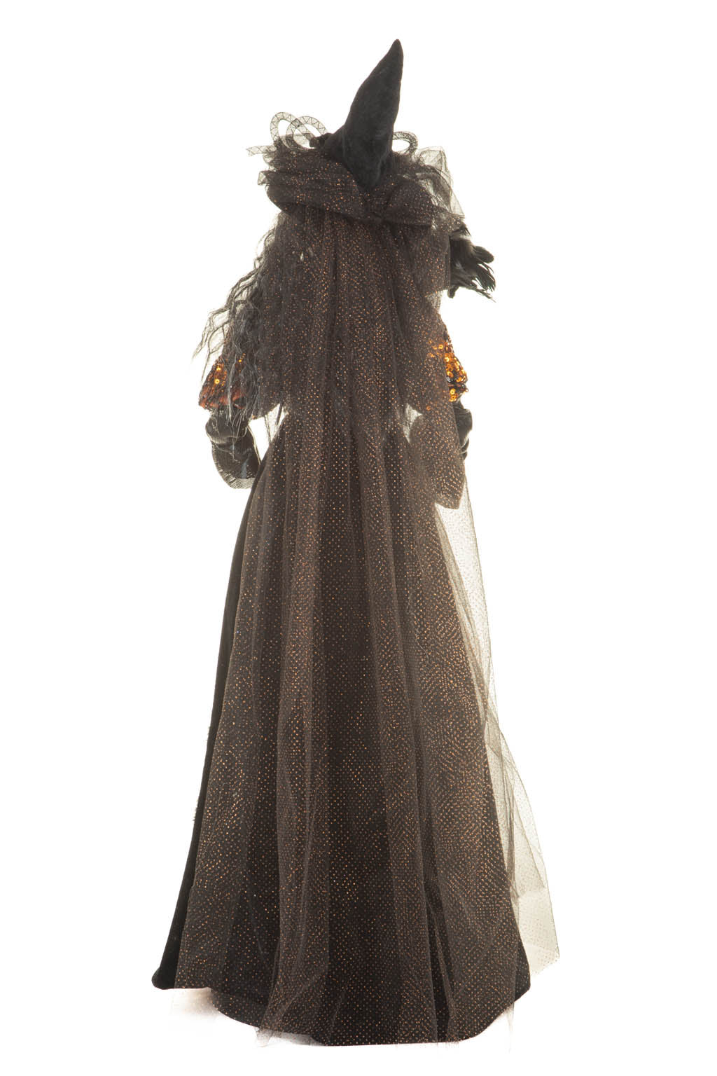 36" Sequin Black and Orange Polyester Regal Witch Figure with Crow Staff
