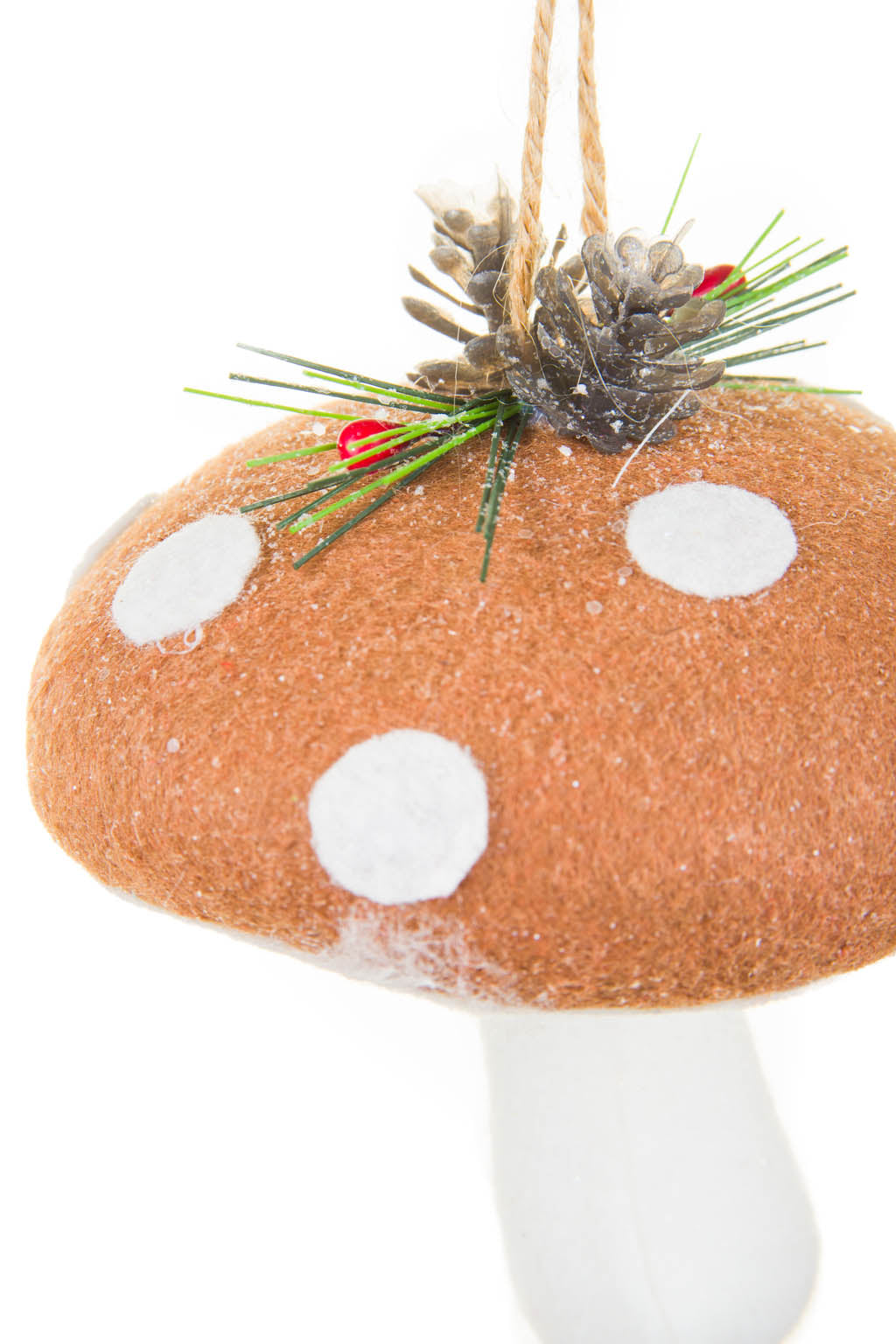 4" Fuzzy Hanging Brown and White Cloth Mushroom Ornament with White Spots