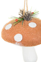 4" Fuzzy Hanging Brown and White Cloth Mushroom Ornament with White Spots
