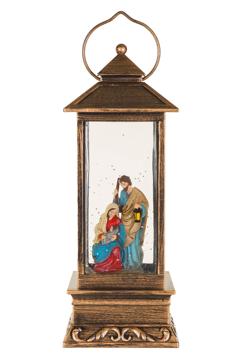 11" Musical Bronze Plastic Lantern Warm White LED Snow Globe with Traveling Family