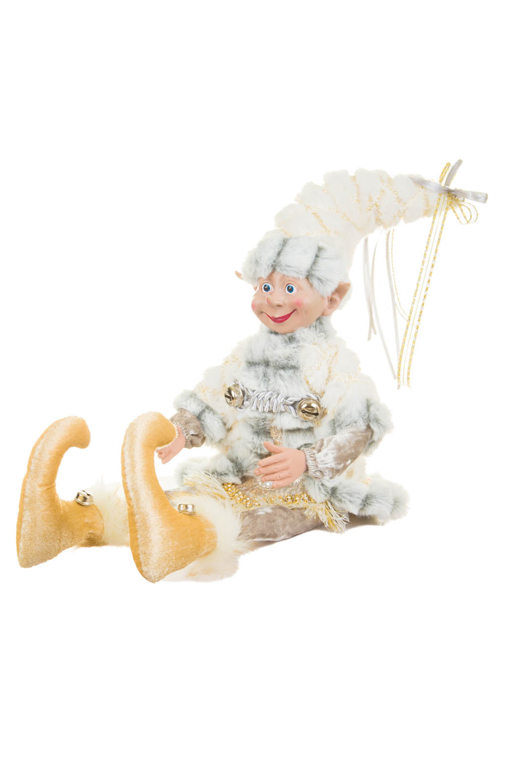 24" Silver Cotton Furry Elf Figurine In Fur Outfit
