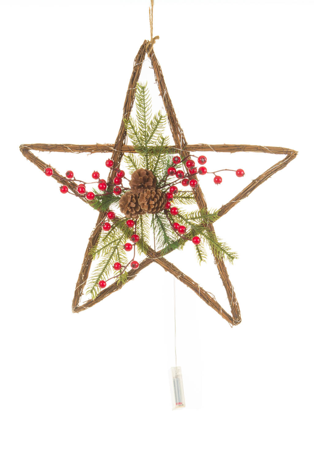 19.5" Hanging Umber and Green Wood Handwoven Warm White LED Christmas Star