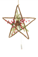 19.5" Hanging Umber and Green Wood Handwoven Warm White LED Christmas Star