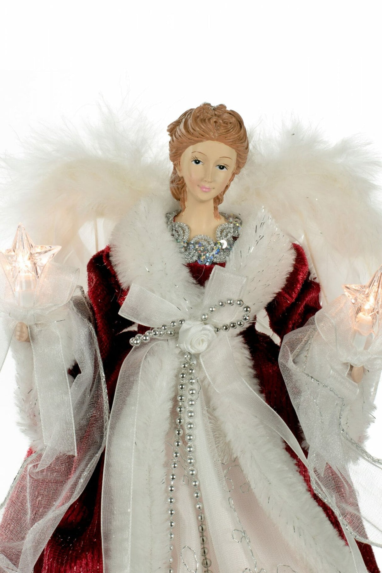 14" Red and White Cloth Modern 10-Light Angel Tree Topper with Fluffy White Wings