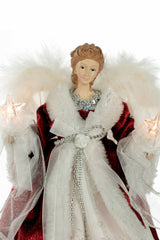 14" Red and White Cloth Modern 10-Light Angel Tree Topper with Fluffy White Wings