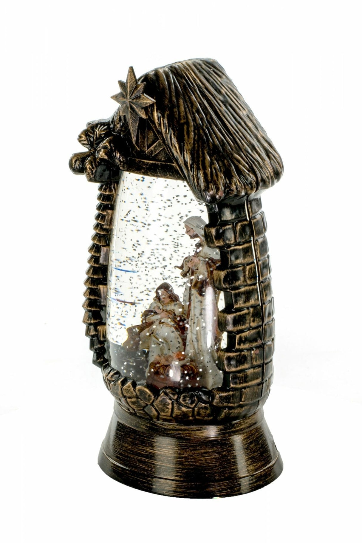 10" Gold and Black Ornate Manger Warm White LED Snow Globe with Nativity Scene