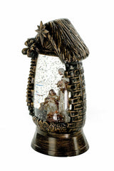 10" Gold and Black Ornate Manger Warm White LED Snow Globe with Nativity Scene