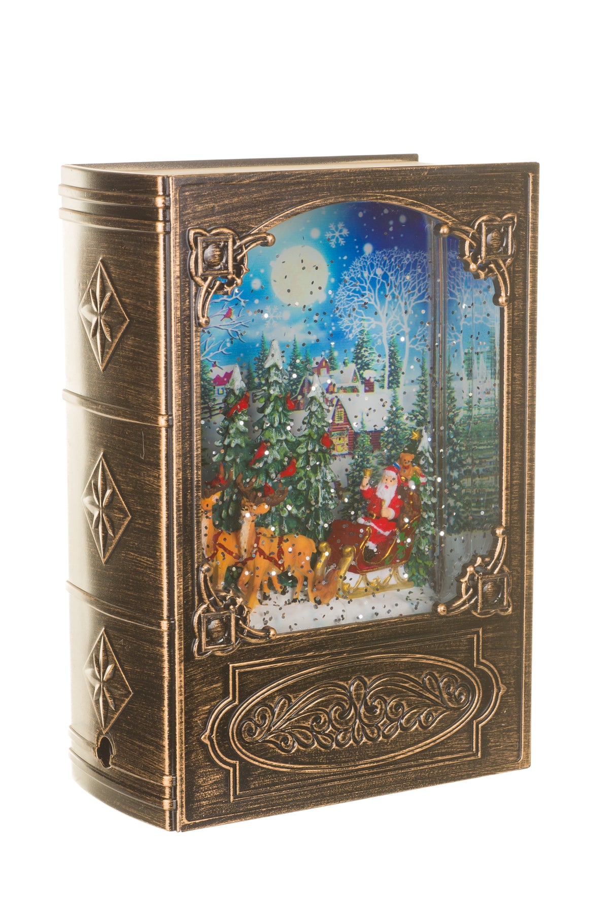 7.5" Musical Brass Glass Bookend LED Snow Globe with Christmas Eve Santa