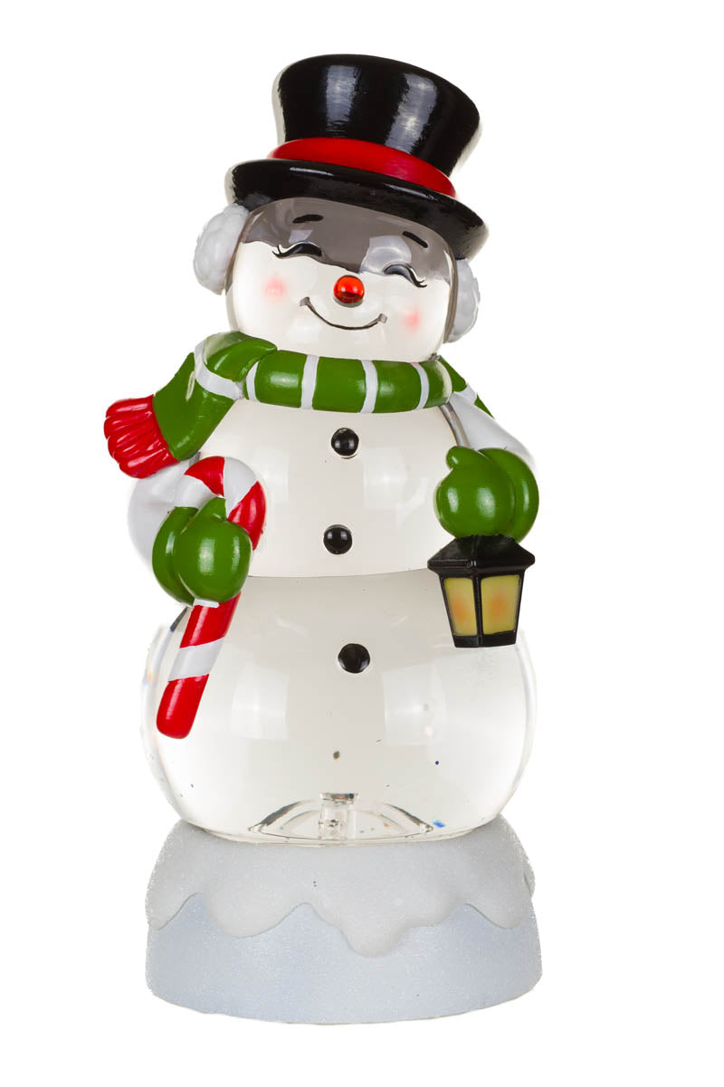 10" White Plastic Cheery Snowman Warm White LED Snow Globe with Swirling Glitter