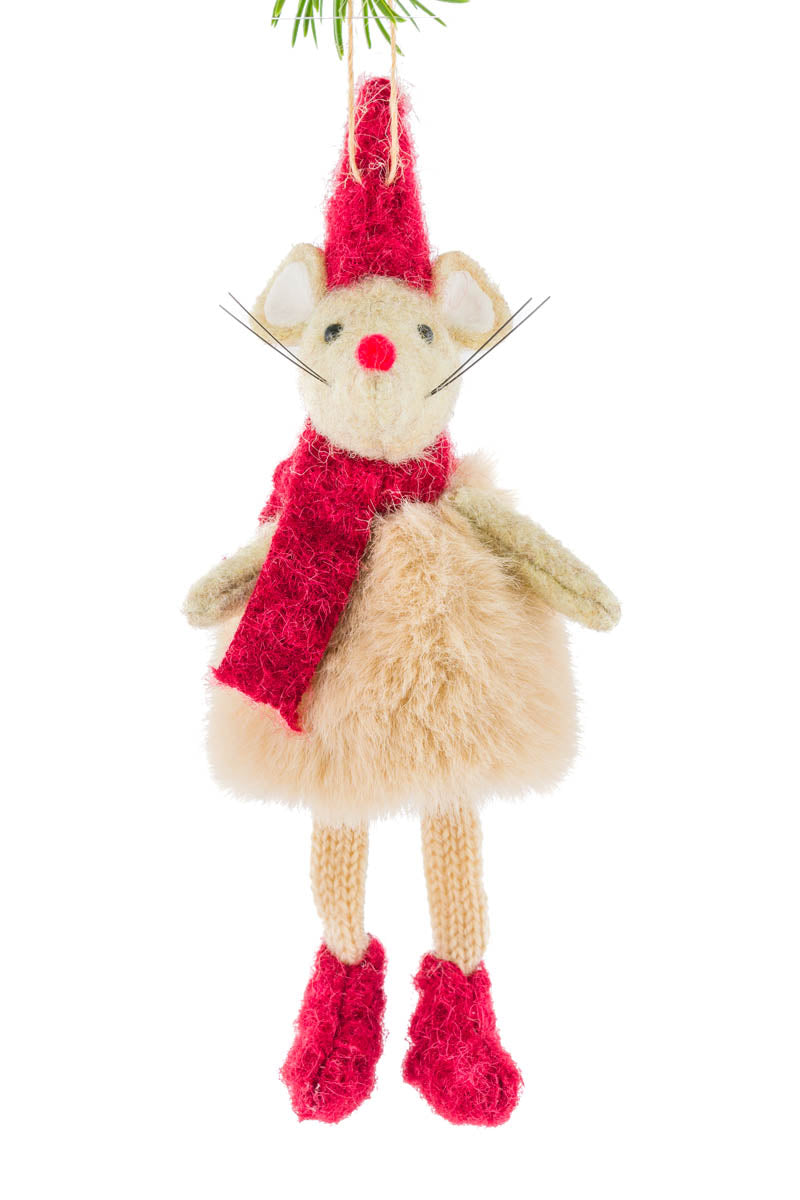7" Hanging Red Fabric Mouse Doll with Furry Sweater