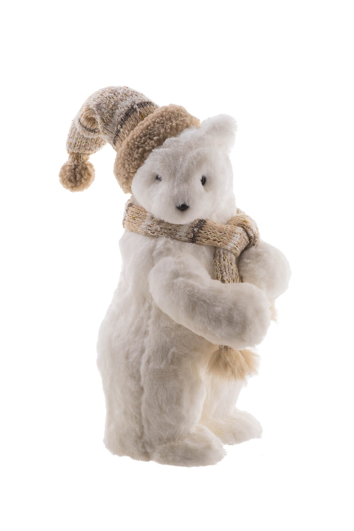 15.5" Striped White and Beige Furry Bear Figurine