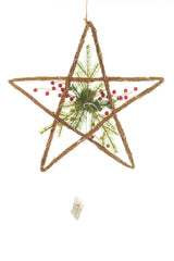 19.5" Hanging Umber and Green Wood Handwoven Warm White LED Christmas Star