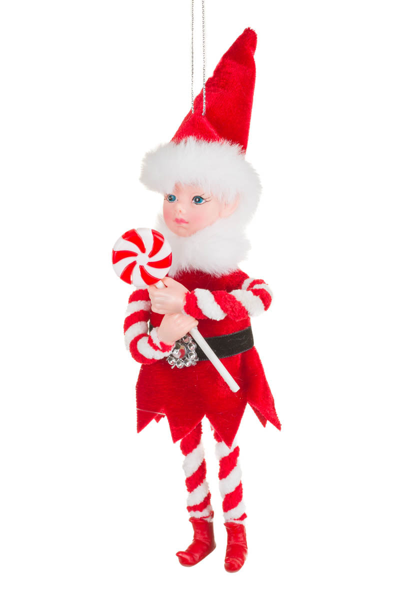 9" Red and White Fabric Elf Ornament with Lolly
