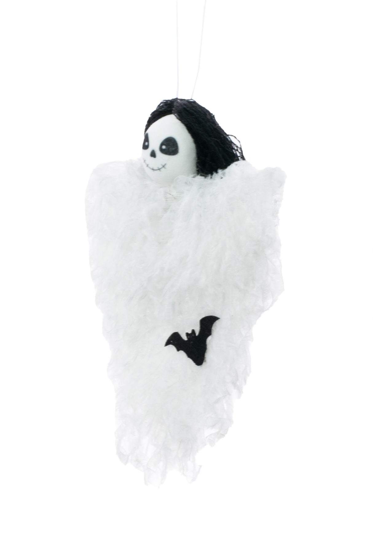 8" Fuzzy Hanging White Cloth Ghost Doll with Black Hair