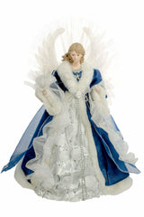 18" Blue and White Cloth Large Modern Fiber Optic Angel Tree Topper with Fur Coat