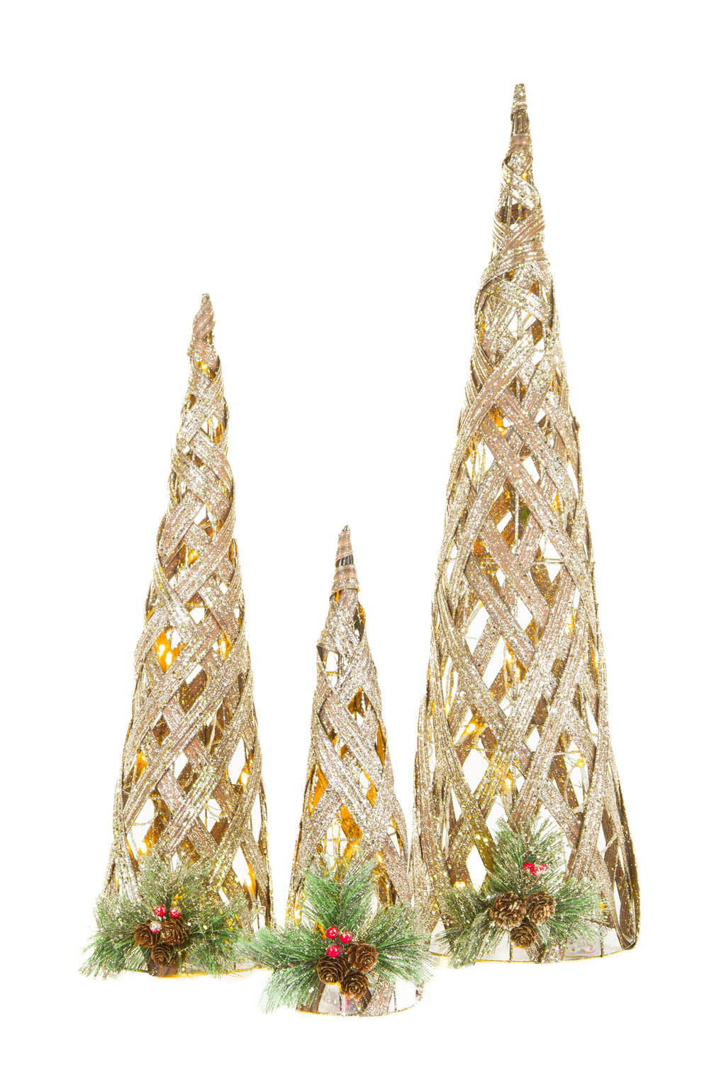 31.5" Set of 3 Gold Metal Tree Warm White LED Accents with Mistletoe and Pinecones