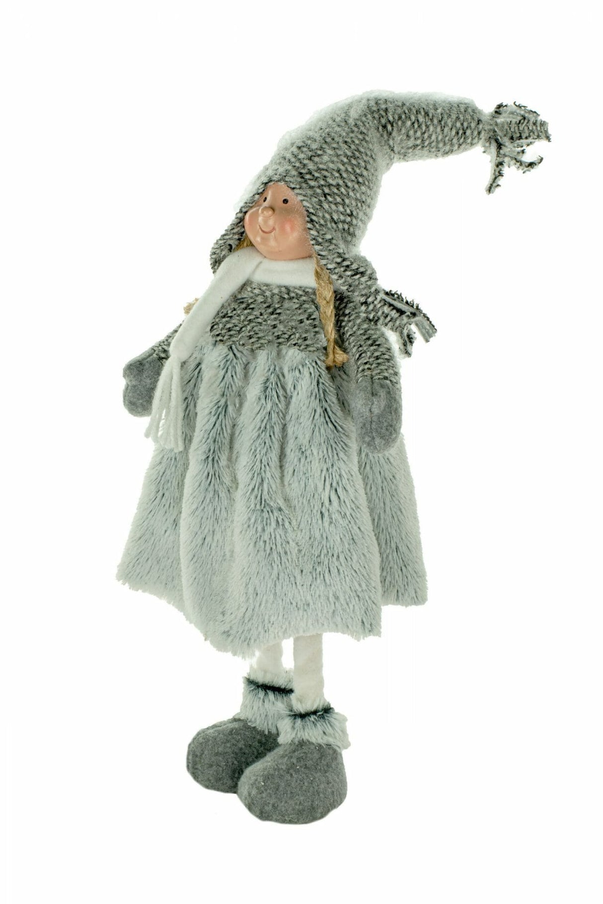 15" Gray Cloth Girl Doll with Fur Skirt