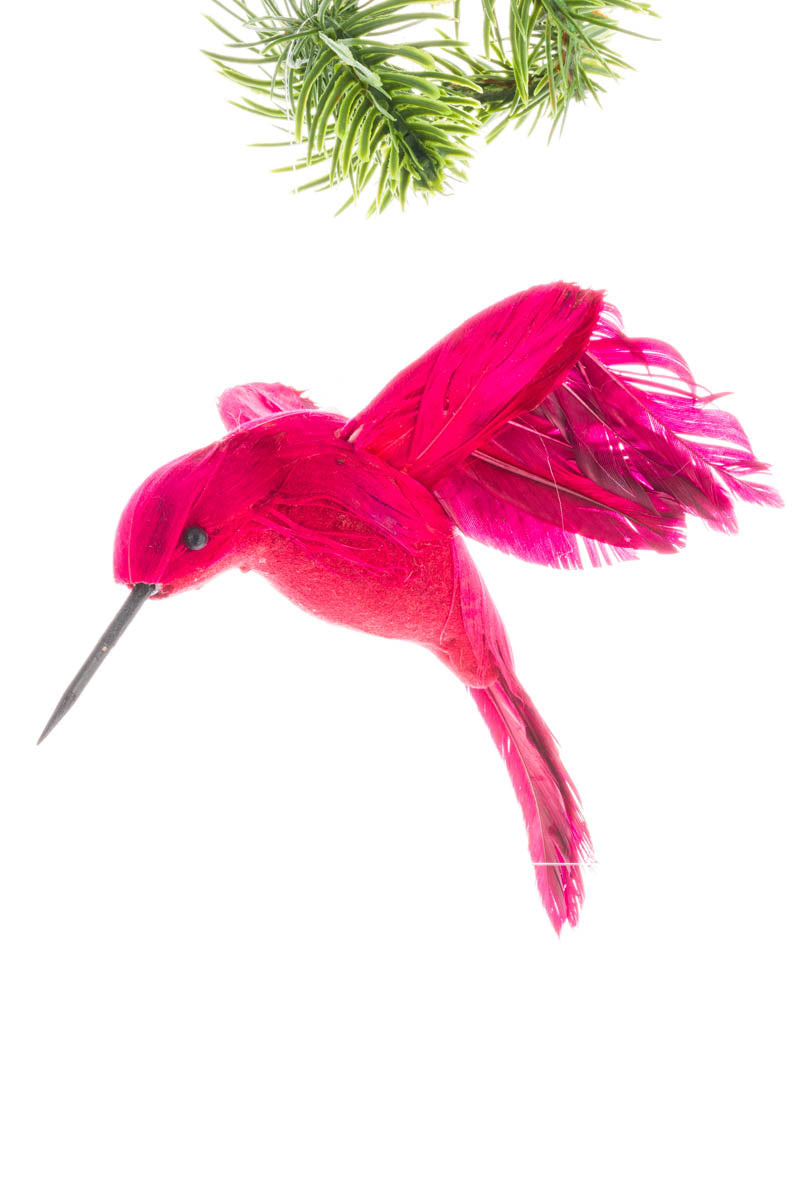 5" Magenta Feathered Hummingbird Ornament with Red Chin